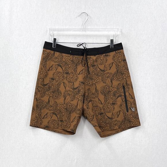 VUORI The Rise Board Shorts Mens 32 Brown Black Floral Swim Trunks Pocket - Picture 1 of 14